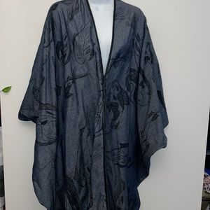 NWT Carmen Rion blue denim poncho cap with fish embroidery and front pockets